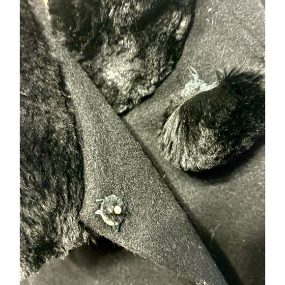 Vintage Retro 1960s wool swing black coat midi, fur, 3/4 sleeves open front-M - Picture 10 of 12